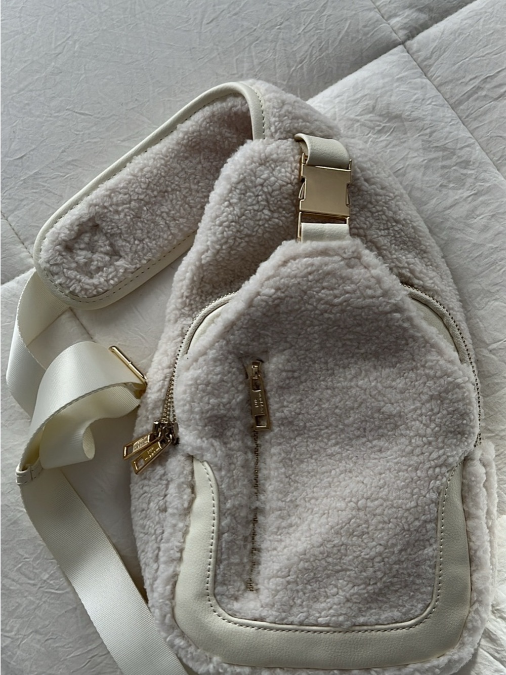 Madden Girl Cream Sherpa Crossbody Sling Bag with Gold Hardware